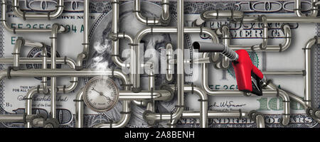 Close-up d'une buse de gaz avec tuyaux sur cent US dollar bill Banque D'Images