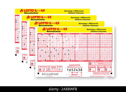 Lottoscheine, 6 aus 49, 6 Spielfelder ausgefuellt Dauerschein Abo,,, Lottoschein, Vier, Banque D'Images