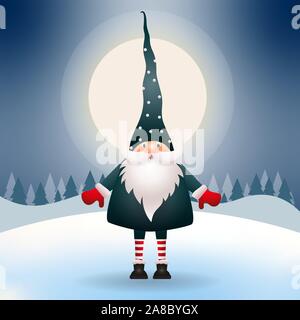 Cute gnome dans la nuit de Noël. Scène de Noël. Vector Illustration de Vecteur