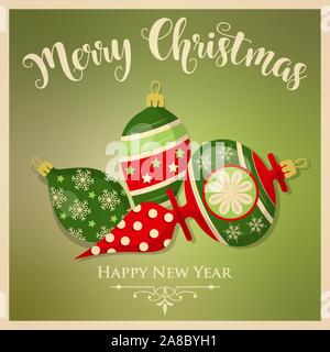 Vintage carte de Noël avec des boules de Noël et le message. L'affiche de Noël. L'impression. Vector Illustration de Vecteur