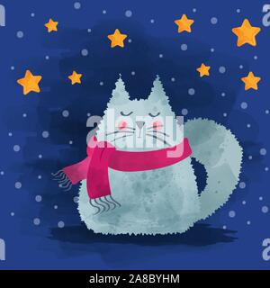 Cute cat aquarelle en hiver. Carte de Noël. Vector Illustration de Vecteur