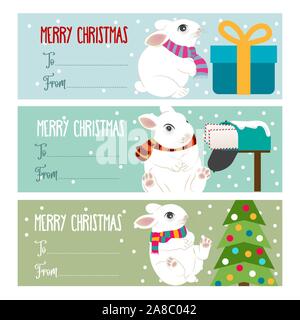 Design plat mignon collection étiquettes de Noël pour les préréglages avec les lapins. Vector Illustration de Vecteur