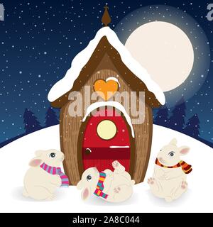 Scène de Noël mignon avec gnome house et lapins heureux Illustration de Vecteur