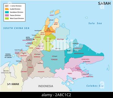 La carte administrative et politique de l'état de Malaisie sabah Illustration de Vecteur