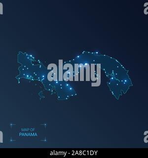 Carte avec les villes de Panama. Points lumineux - néons sur fond sombre. Vector illustration. Illustration de Vecteur