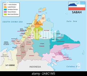 La carte administrative et politique de l'état de Malaisie sabah avec drapeau Illustration de Vecteur