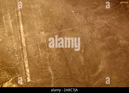 Avion aérienne vue panoramique pour les lignes de Nazca géoglyphe aka Hummingbird, région de l'Ica, Pérou Banque D'Images