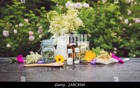 La médecine homéopathique comprimés sur la table de bois, dans les globules de pots et de cuillère en bois, décoré avec des produits frais et diverses herbes sèches à l'extérieur en été, g Banque D'Images