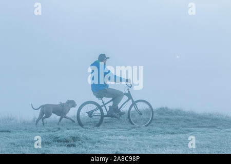 Londres, Royaume-Uni. Nov 8, 2019. Un homme cylces grâce à un paysage couvert de brouillard sur Wimbledon Common, par un froid matin de novembre . Credit : amer ghazzal/Alamy Live News Banque D'Images