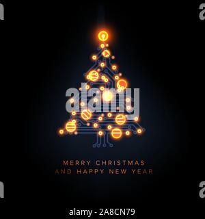 Carte de Noël avec l'arbre de Noël du circuit électrique et la foudre orange baubles Illustration de Vecteur