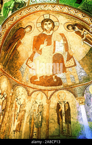 La peinture du Christ Pantocrator dans l'église rupestre de l'Église Carikli, Église de sandales à Goreme Open Air Museum. La Cappadoce, Anatolie centrale, Turquie Banque D'Images