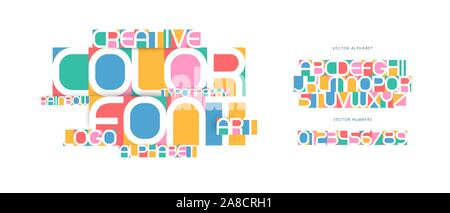 Lettres colorées et des chiffres. Vecteur de couleur alphabet latin. Police de couleur arc-en-ciel. Creative appliqué ABC, l'espace négatif un monogramme, un logo et Illustration de Vecteur