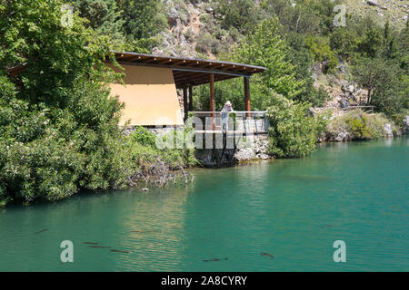 Zaros, Héraklion, Crète, Grèce. L'observation d'une truite dans les eaux émeraude du lac de Votomos. Banque D'Images