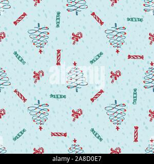 Modèle sans couture croquis moderne stylisé avec des bonbons et de l'arbre de Noël pour l'hiver maison de décoration design. Style vintage, couleur plate Abstract Illustration de Vecteur