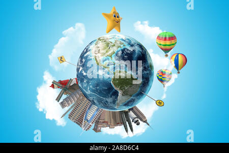 Heureux cartoon star dans le ciel tout en 3D render of Earth globe avec office gratte-ciel, des repères, la circulation et de la signalisation routière debout sur elle. R de haute qualité Banque D'Images