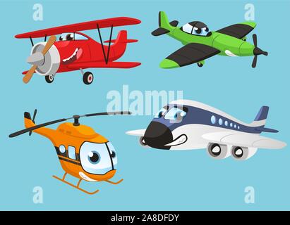 Des avions Airbus Boeing avion avion hélicoptère, vector illustration cartoon avec avions humanisé. Illustration de Vecteur