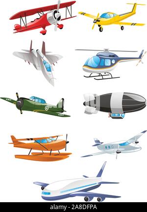 Collection d'avions, avec les avions, Airbus, avion de ligne, grand gasbags, dirigeable, d'aéronefs à voilure fixe, monoplane, biplan, les aéronefs à voilure tournante, les planeurs, Illustration de Vecteur