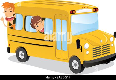 Les petits garçons de jouer dans l'autobus scolaire. Illustration de Vecteur