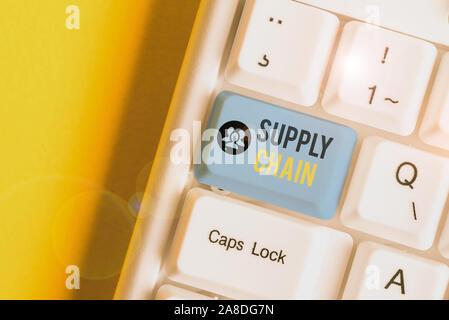 Écrit remarque montrant d'approvisionnement. Concept d'affaires pour le réseau entre l'entreprise et les fournisseurs à produire un produit pc blanc avec clavier remarque pap Banque D'Images