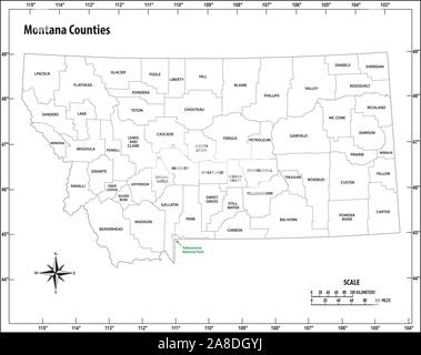 Aperçu de l'état de montana carte administrative et politique en noir et blanc Illustration de Vecteur