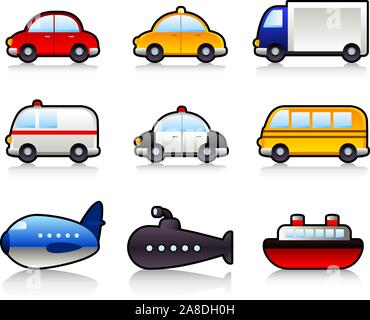 Moyens de transport : en voiture, taxi, camion, camion, bus, voiture de police, ambulance, d'autobus scolaires, sous-marin, avion, bateau. Vector illustration cartoon. Illustration de Vecteur