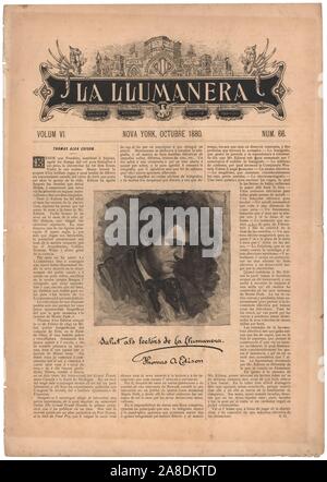 Portada de la revista catalana La Llumanera de Nova York, editada en Nueva York, octobre 1880. Dedicatoria de Thomas Alva Edison. Banque D'Images