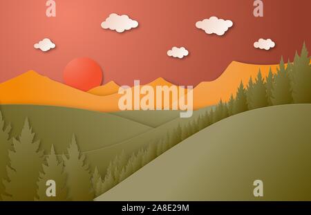 Nature Paysage avec vue sur la montagne, la forêt et le soleil en papier coupé style. Vector illustration papier numérique art. Illustration de Vecteur