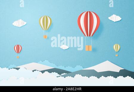 L'amour de voyage concept. Faites de l'Origami hot air balloon voler au-dessus de montagne et nuages dans le fond de ciel. Vector illustration papier coupé style. banne Illustration de Vecteur