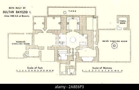 'Baignoire construite par le Sultan Bayezid I, vers 1390 A.D. à Mudurlu', c1915. Des bains Plan soi-disant construit par le sultan ottoman Bayezid I, montrant le réservoir, les hommes et les femmes des chambres de refroidissement, conduites d'eau chaude et sèche-serviettes. À partir de "Le Dernier des califes Patrimoine canadien, une courte histoire de l'Empire turc" par le Lieutenant-colonel Sir Mark Sykes. [Macmillan &AMP ; Co, Londres, 1915] Banque D'Images