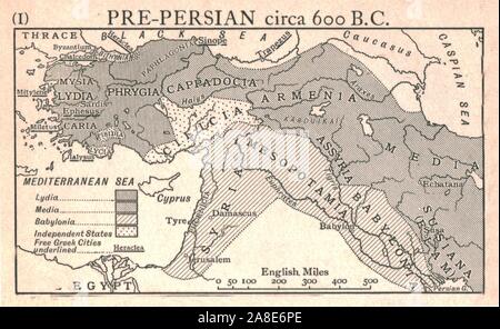 «Pre-Persian, vers 600 avant J.-C.", c1915. Carte de la Méditerranée orientale et le Proche-Orient, montrant les anciennes civilisations des empires de Lydie, médias, la Babylonie, États indépendants, et de villes grecques. À partir de "Le Dernier des califes Patrimoine canadien, une courte histoire de l'Empire turc" par le Lieutenant-colonel Sir Mark Sykes. [Macmillan &AMP ; Co, Londres, 1915] Banque D'Images