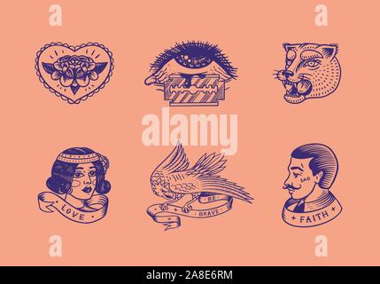 Ensemble de vintage old school tattoo. Cartes de Jeu de caractères, danseuse de hula hawaïenne femme, lèvres et phare, panthère, dés et serpent. Main gravée Illustration de Vecteur