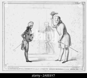 'Marche de la réforme - Maître de cérémonie dans le H. des communes l'amélioration des manières (beaucoup à désirer.) qui en découlent", 1837. Scène au Palais de Westminster à Londres : Monsieur Pratt, gardien de la porte à la Chambre des communes ; John Arthur Roebuck (1802-1879), député de baignoire et de Sheffield, Premier Lord de l'Amirauté Sir James Robert George Graham (1792-1861). Caricature satirique sur la politique britannique par 'H.B." (John Doyle). [Thomas McLean, Londres, 1837] Banque D'Images