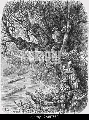 'Perchées dans les arbres', 1872. Les hommes et les garçons à regarder une course de bateau sur la Tamise. Depuis, "Londres. Un pèlerinage" par Gustave Dore et Blanchard Jerrold. [Grant et Co., 72-78, Turnmill Street, E.C., 1872]. Banque D'Images