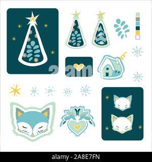 Ensemble d'éléments de design Noël mignon avec des animaux forestiers. Arrière-plan dessiné à la main. Mignon pour l'impression. Vecteur de fond d'art populaire, de l'illustration. Bonne Année. L'heure d'hiver Illustration de Vecteur