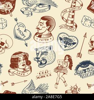 Old school tattoo Seamless pattern. Femme danseuse de hula hawaïenne, phare, Panther, crâne et serpent. Croquis à main gravée pour l'impression. Illustration de Vecteur