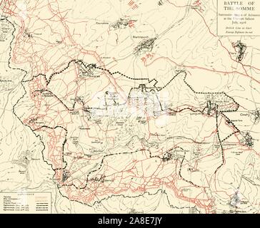Bataille de la Somme", Première Guerre mondiale, juillet 1916, (c1920). La carte du nord de la France montrant 'Successive Étapes de l'avance à la ligne britannique...saillants Mametz en noir, les défenses ennemies [allemands] en rouge'. Également indiqué sont tranchées, 'réseau de barbelés et des cratères. À partir de "la Grande Guerre mondiale : une histoire", Volume VI, sous la direction de Frank UN Mumby. [Le Gresham Publishing Company Ltd, London, c1920] Banque D'Images