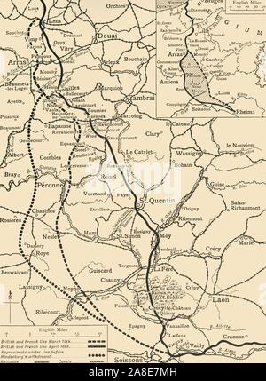 'Map illustrant la Retraite allemande après la bataille de la Somme', (c1920). La Première Guerre mondiale, bataille de la Somme, se sont battus entre les armées de l'Empire britannique et français de la Troisième République contre l'Empire allemand, a eu lieu entre le 1 juillet et 18 novembre 1916 des deux côtés de la rivière Somme dans le nord de la France. Montrant les lignes britanniques et français, 'ligne d'hiver approximatif avant [le maréchal von Hindenburg] Retrait du', chemins de fer et canaux. À partir de "la Grande Guerre mondiale : une histoire", Volume VII, sous la direction de Frank UN Mumby. [Le Gresham Publishing Company Ltd, London, c1920] Banque D'Images