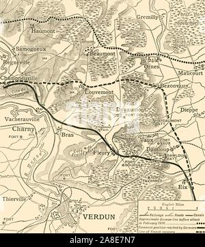 'La Mort Homme et de la Défense à l'Ouest de la Meuse', 1916, c1920). 'La Bataille de Verdun, 1916 ; carte...montrant approximativement les limites de l'avance allemande et la région reprise par les Français avant la fin de l'année". Theatre de la guerre sur le front de l'Ouest, le nord de la France, Première Guerre mondiale. À partir de "la Grande Guerre mondiale : une histoire", Volume VI, sous la direction de Frank UN Mumby. [Le Gresham Publishing Company Ltd, London, c1920] Banque D'Images