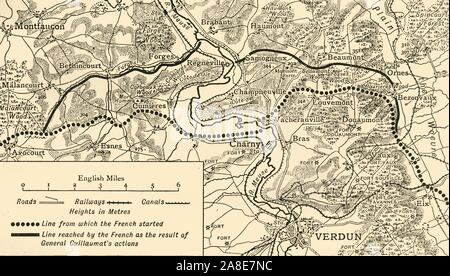 'Map illustrant les opérations à Verdun", Première Guerre Mondiale, août-novembre 1917, (c1920). Carte de la région autour de la ville de Verdun dans le nord de la France, montrant 'Ligne à partir de laquelle les Français commencer', et 'Ligne atteint par les Français comme le résultat de [Général] Adolphe Guillaumat's actions'. À partir de "la Grande Guerre mondiale : une histoire", Volume VII, sous la direction de Frank UN Mumby. [Le Gresham Publishing Company Ltd, London, c1920] Banque D'Images