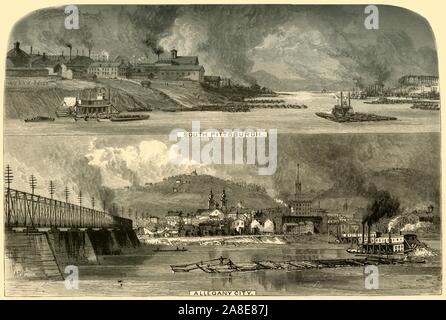 "Sud Pittsburg et Alleghany City', 1874. Vues du trafic fluvial sur l'Ohio et Allegheny à Pittsburgh, Pennsylvanie, USA. Les barges de charbon combustible pour apporter les nombreuses fonderies d'acier et les usines. La municipalité de la ville d'Allegheny a existé de 1788 jusqu'à ce qu'il a été annexé par Pittsburgh en 1907. À partir de "l'Amérique pittoresque ; ou, le pays dans lequel nous vivons, une délimitation par Stylo et crayon sur les montagnes, les rivières, les lacs...avec des illustrations sur l'acier et le bois par d'éminents artistes américains" tome II, édité par William Cullen Bryant. [D. Appleton et Company, New York, 1874] Banque D'Images