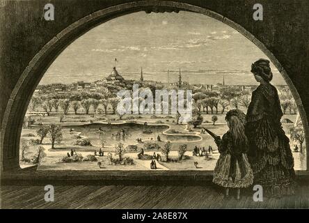 'Vue du clocher de l'Église, 1874 Arlington-Street'. Vue de la ville de Boston, Massachusetts, USA. "Dans l'avant-plan immédiat se trouve le Jardin Public...dans le centre est une jolie serpentine, traversée par un pont de granit lourd...au-delà, presque cachée dans sa richesse de feuillage mature, est la politique d'augmenter, par un gracieux avion, le State-House à son sommet...derrière la politique vous entrevoir les clochers et des salles publiques de Tremont [Tri-Mountain] Rue ; le clocher historique de l'ancien Sud...le clocher de l'Église Park-Street...l'ancien temple maçonnique, sert maintenant d'United States c Banque D'Images