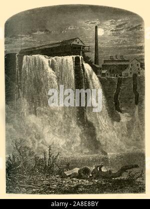 'Côté ouest, chutes supérieures de la Genesee', 1874. Cascades de la rivière Genesee à Rochester, état de New York, USA. '...Les chutes supérieures...a quatre-vingt-six pieds de hauteur, et il est donc évident que, avec une telle cataracte dans le centre de la ville, les installations pour l'obtention de l'eau puissance pourrait difficilement être excellé. L'usine-faire des courses de l'alimentation principale le long des deux rives d'en face, et, comme les moulins sont principalement situés au-dessous du niveau de la tombe, la pleine force de l'eau peut être utilisé. Il apparaît donc que...les eaux de la Genesee une descente, y compris les chutes et les rapides au-dessus Banque D'Images