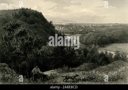 'East Rock, New Haven', 1874. Campagne autour de East Rock, New Haven, Connecticut, USA. 'East Rock surplombe la rivière et l'intervalle ample-de la vallée de Quinnipiac, qui sont presque cachés de West Rock. La vue de la magnifique ville de East Rock a accordé à l'artiste de notre crayon rare portée pour l'audace, au milieu le niveau moyen du paysage. Les falaises sont rugueux, et difficile à gravir, mais ils bien rembourser le labeur de les surmonter, alors que, depuis le sommet de l'une ou l'autre, le spectateur peut s'étirer sa vision...'. À partir de "l'Amérique pittoresque ; ou, le pays dans lequel nous vivons, un Deline Banque D'Images