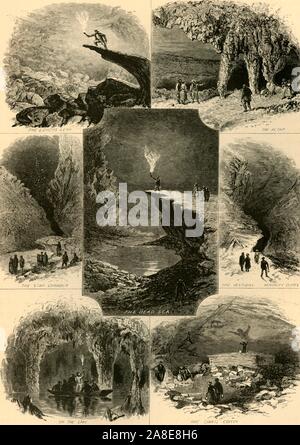 Dans 'Scènes' de Mammoth Cave, 1874. Visite des cavernes de calcaire de touristes dans la région de Kentucky, USA, le plus long système de grottes connues dans le monde : 'l'Lovers Leap ; l'autel, la Star Chamber ; la mer Morte ; le vestibule, Kentucky Cliffs ; sur le lac, le cercueil du géant'. "Le prochain arrêt est dans une autre grande salle, au milieu de laquelle repose un immense rocher, dans la forme exacte d'un sarcophage. C'est ce qu'on appelle le cercueil du géant, et le guide, vous laissant seul pendant une minute ou deux, réapparaît sur son couvercle, sa forme, l'ombre sur le mur, en imitant tous ses mouvements. Au-dessus de l'ombre vous remarquerez la figure d'un un Banque D'Images