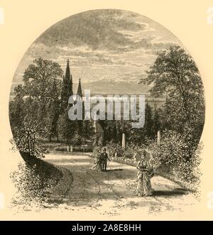 'New-York Bay, du Greenwood Cemetery', 1874. Vue du cimetière avec les navires dans la distance, Brooklyn, New York State, USA. "Dans l'enceinte de Brooklyn, sur ce qui était autrefois appelé Gowanus Heights, Greenwood, est l'un des plus beaux cimetière, probablement, dans le monde entier. Il est plus de quatre cents acres à mesure, belle, ondulé, couvert d'arbres anciens de toutes sortes, et variée, avec plusieurs lacs - un paradis rural dans ses attractions naturelles, alors que l'art et pieuse dévotion ont honoré avec beaucoup de nobles monuments". À partir de "l'Amérique pittoresque ; ou, le pays dans lequel nous vivons, une délimitation par Banque D'Images