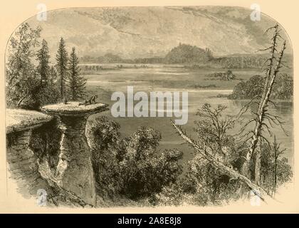 'Stand Rock, sur la rivière Wisconsin', 1874. Un homme grimpe sur le haut d'un insolite rock formation dans le Wisconsin, USA. À partir de "l'Amérique pittoresque ; ou, le pays dans lequel nous vivons, une délimitation par Stylo et crayon sur les montagnes, les rivières, les lacs...avec des illustrations sur l'acier et le bois par d'éminents artistes américains" tome II, édité par William Cullen Bryant. [D. Appleton et Company, New York, 1874] Banque D'Images