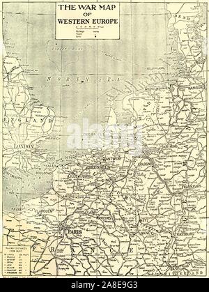 'La guerre Carte de l'Europe de l'Ouest", 1915. À la suite du déclenchement de la guerre en août 1914, l'armée allemande a ouvert le front de l'Ouest par l'invasion du Luxembourg et de la Belgique et d'acquérir le contrôle de l'armée d'importantes régions industrielles en France. De "La guerre d'Album De Luxe - Volume I. La première phase", édité par J. A. Hammerton. [L'Amalgamated Press, Limited, Londres, 1915] Banque D'Images