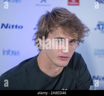 O2, Londres, Royaume-Uni. 8 novembre 2019. Tennis ATP Nitto préparations finales commencent avec le top 8 joueurs de mens la presse réunion avant les matches, commencer le 10 novembre. Image : Alexander Zverev. Credit : Malcolm Park/Alamy Live News. Banque D'Images