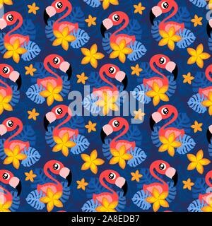 Motif transparent tropical avec mignon flamingo, monstera feuilles et fleurs de frangipanier. L'arrière-plan exotique avec la flore et la faune. Télévision vector illustartion. Illustration de Vecteur
