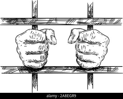 Vector noir et blanc dessin artistique de mains de prisonnier en cellule de prison tenant des barres de fer. Illustration de Vecteur